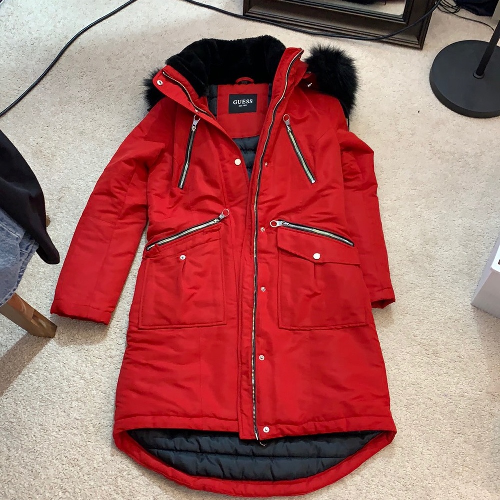 EUC guess red parka down jacket xs